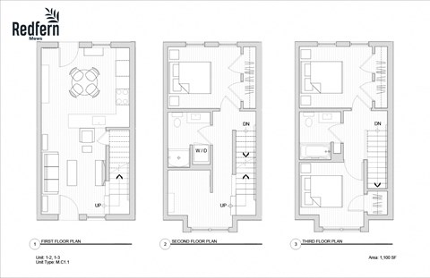 Floor plan for 3 beds, 2 baths, 1100 sqft
